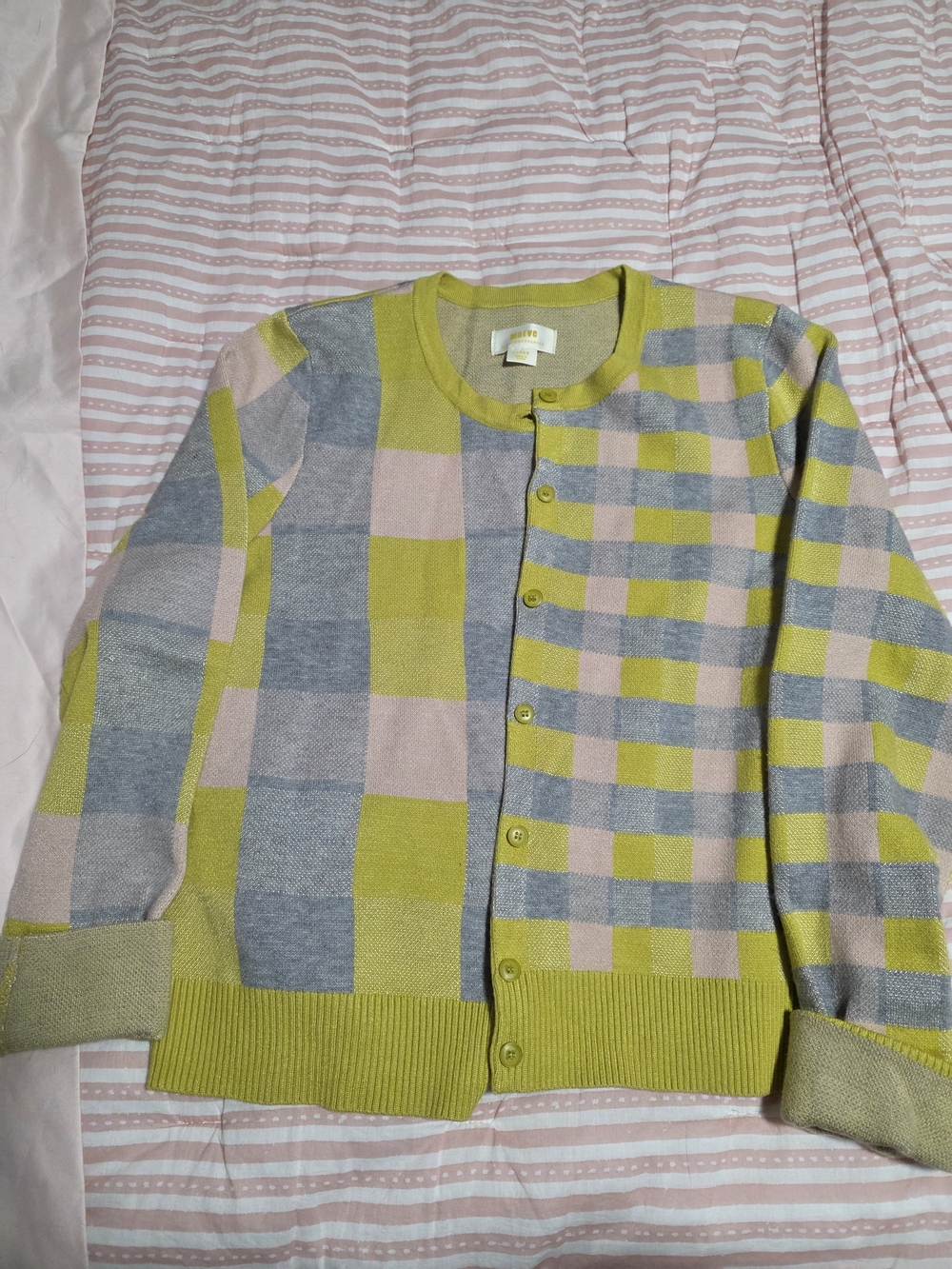 Maeve Checked Crewneck Cardigan - Lime Green, Pink, Gray